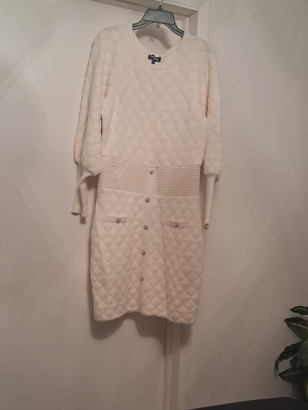 Express Cream Quilted Long Sleeve Knit Dress